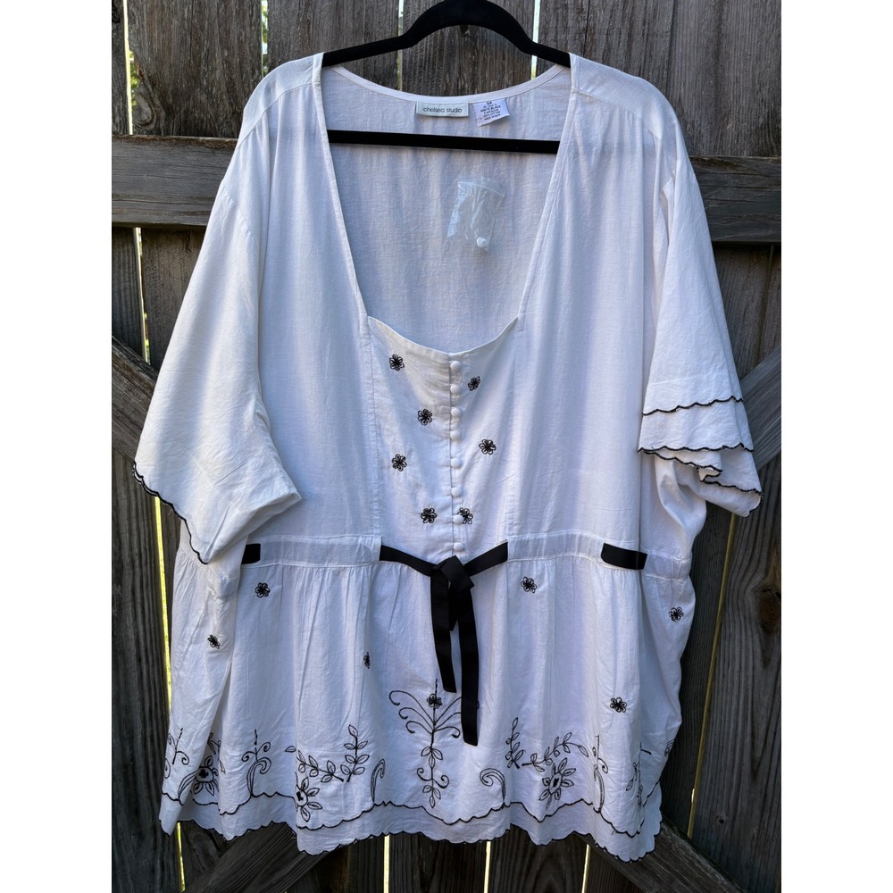 Chelsea Studio Womens 5X White Cotton Embroidered Tunic Top Black Ribbon Tie